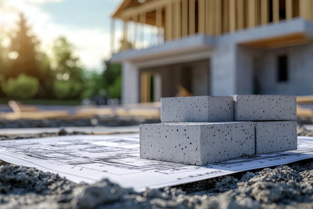 Close up of concrete blocks on construction site with blueprints and house in natural lightの写真素材
