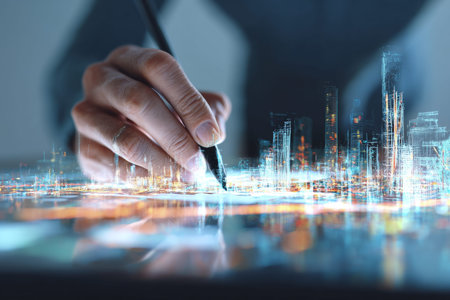 Businessman illustrates city skyline with digital pen, blending future architecture and technologyのeditorial素材