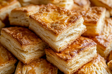 Delicious golden brown flaky biscuits stacked in a close up view showcasing their tempting textureの写真素材