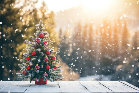 Captivating christmas card design featuring a decorated tree amidst a sunlit snowy landscapeの写真素材