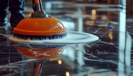 Professional cleaner using handheld foam applicator on shiny marble floors in office buildingの写真素材