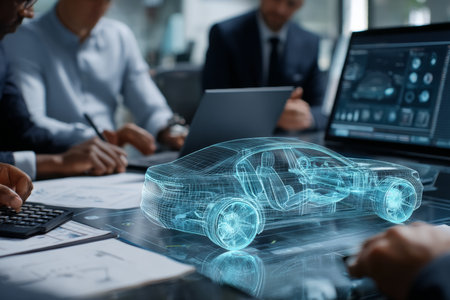 Business team discussing automotive strategy with holographic car model in modern office spaceの写真素材