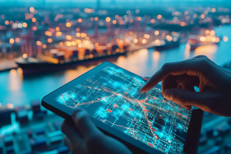 Close up of hands using tablet with digital map and cargo ships in port