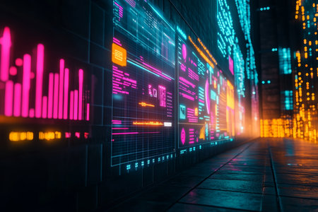 Vibrant 3d data visualizations illuminating an industrial building at night in cyberpunk styleの写真素材
