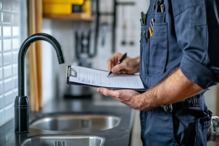 Plumber holding clipboard by kitchen sink with water pipe close up stock photo for text spaceの写真素材