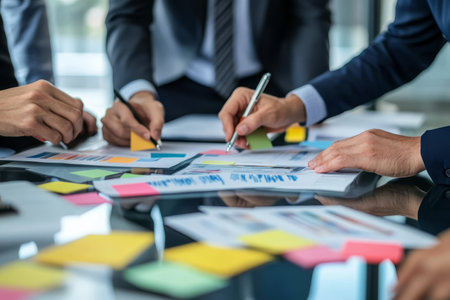 Business team brainstorming with colorful sticky notes on a glass board in the officeの写真素材