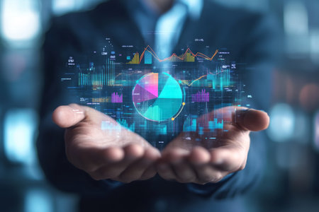 Businessman assessing virtual graphs and pie charts depicting market growth strategy visualsの写真素材