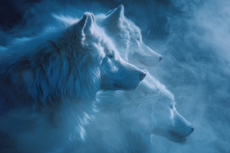 Majestic white wolves in misty landscape fantasy art with blue color palette and space for textの写真素材