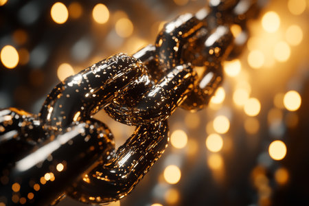 Close up 3d render of a shiny metallic chain with golden lights on a blurred backgroundの写真素材