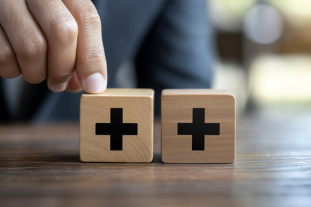 Businessman symbolizing positive forces by placing plus sign on wooden block for market successの写真素材