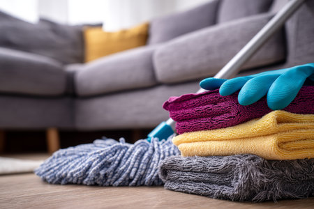 Home cleaning kit sponges, gloves, and mop ready for action in cozy living room settingの写真素材