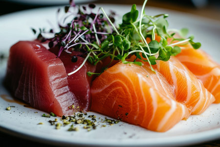 Sashimi delight exquisite tuna and salmon with microgreens on a white plate, dark backgroundの写真素材