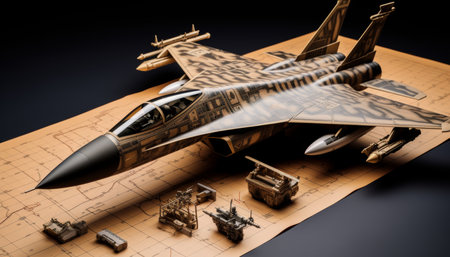 Miniature toy fighter jet on technical blueprint a fusion of imagination and aerospace engineeringの写真素材