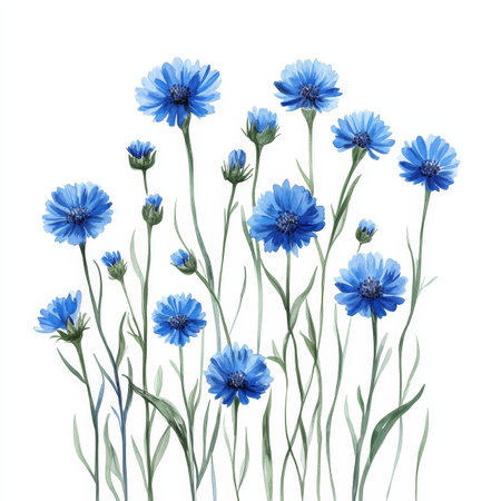 Minimalist vector illustration of blue cornflowers on white background for commercial useの写真素材
