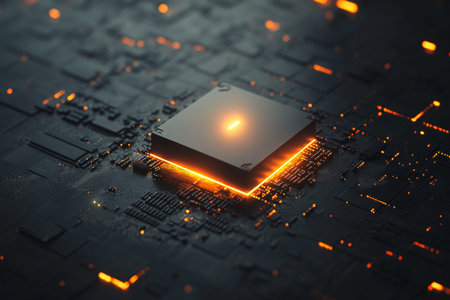 Glowing 3d render of a computer chip on black background with circuit board and light rays concept