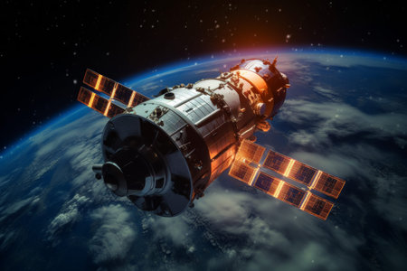 Stunning capture of a high tech space satellite orbiting earth amidst night lights