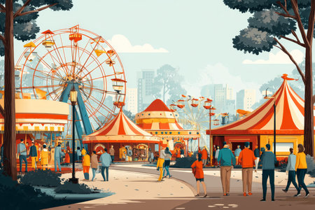 Colorful carnival fair with rides and games in a city park on a sunny day, cartoon style artの写真素材