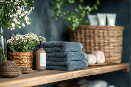 Elegant minimalist bathroom shelf displaying neatly folded towels and natural beauty productsの写真素材