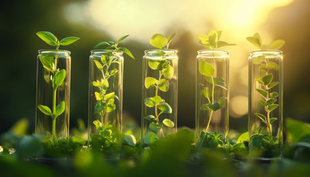 Five glass vials with vibrant green plants, illuminated by sunlight, showing nature's beauty.の写真素材