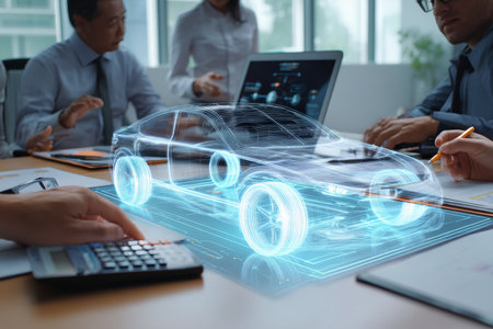 Business team collaborating on automotive strategies with holographic car model in office settingの写真素材