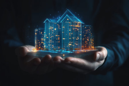 Futuristic real estate agent with holographic house model and plans in immersive dark settingの写真素材
