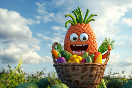 Charming cartoon vegetable character with big eyes and basket of veggies against a sky backgroundの写真素材