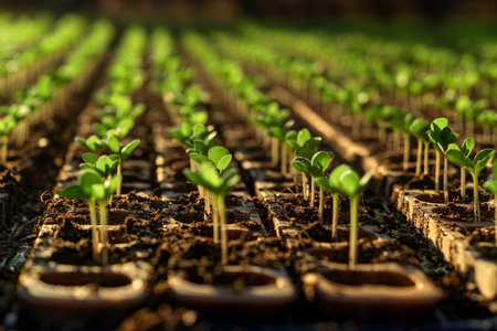 Close up of green soybean seedlings in rows on brown soil with sunlight casting long shadows
