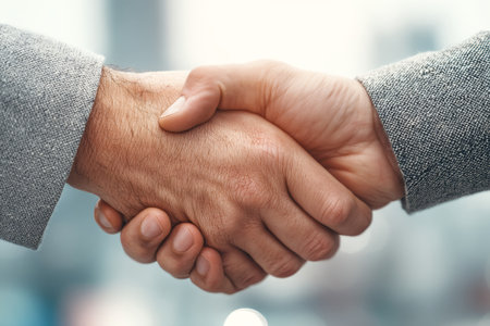 Close up of businessmen shaking hands in office with blurred background and text space for marketingの写真素材