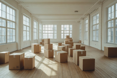Spacious room with large windows and moving boxes emphasizing minimalist design for commercial useの写真素材