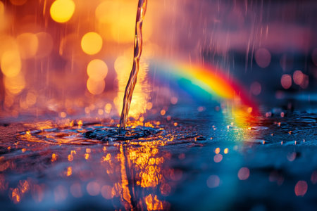 A vibrant water rainbow cascading to the ground with a beautiful bokeh backgroundの写真素材