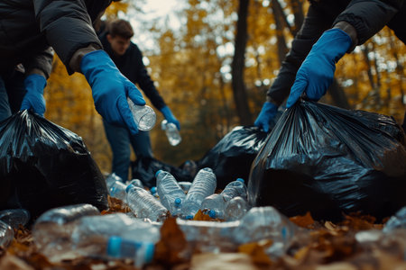Young environmentalists collecting plastic waste in autumn forest for recycling and sorting effortsの写真素材