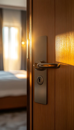 Close up of a digital card handle on a luxury room door with sunlight and blurred bedの写真素材