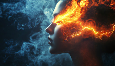 Surreal photography woman s side profile with fire and lightning emanating from her eyesの写真素材