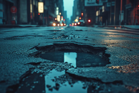Urban traffic ritual a deep pothole disrupting asphalt road conditions in city streetsの写真素材