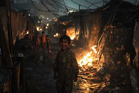 A hopeful child smiles in a dark, narrow camp surrounded by barbed wire and bonfires