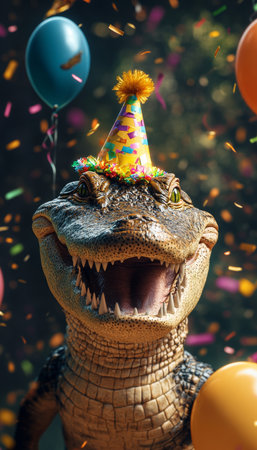 Joyful crocodile celebrating a birthday with a party hat, balloons, and colorful confettiの写真素材