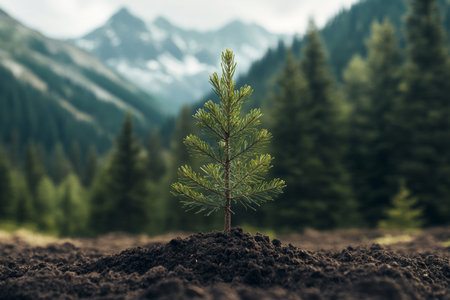 Close up of a young spruce tree in a forest with majestic mountains in the background