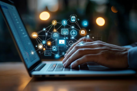 Businessman engaged with laptop amidst digital icons and connections for e-commerce innovationの写真素材