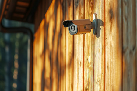Close up of a compact cctv camera on a pole outside a house with wooden walls on a sunny dayの写真素材