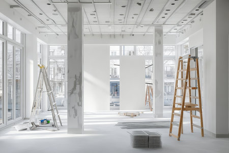 Bright white room under construction with exposed walls, tools, and city view through windowの写真素材