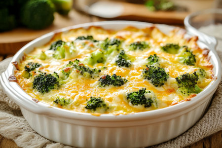 Delicious broccoli and cheese casserole in a cozy kitchen with soft natural lightingの写真素材