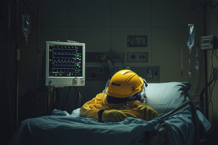 Yellow helmet, gloves, and shirt on hospital bed with ekg monitor in dimly lit roomの写真素材