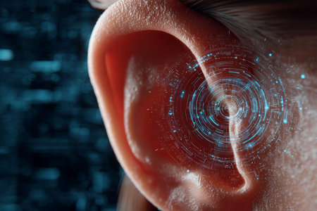 Close up of an ear against a digital background highlighting ai and technology concepts