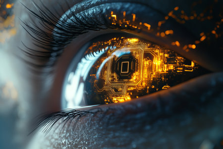 Futuristic cybernetic eye close up featuring digital circuit board in striking black and gold designの写真素材