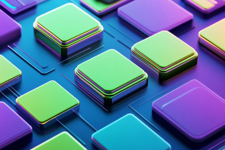 Futuristic abstract background with neon green and violet geometric shapes on blue canvasの写真素材