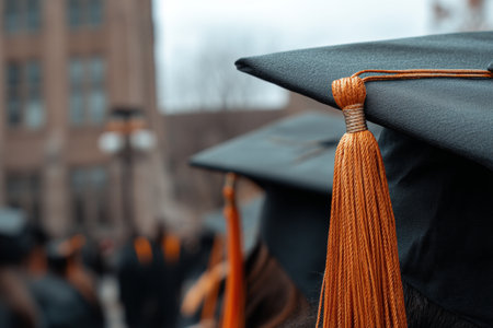 Elegant close up of orange tassels on black graduation caps with a blurred background of graduatesの写真素材