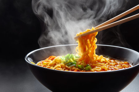Close up of chopsticks with steaming ramen noodles and fresh vegetables in a bowl on dark backgroundの写真素材