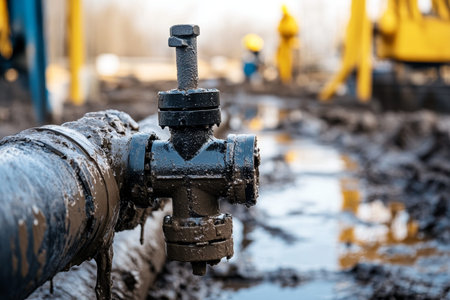 Close up view of oil and gas field showing pipe connections in focus