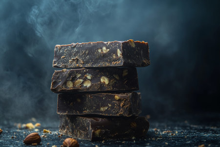 Elegant display of chocolate hazelnut bars on dark background with soft focus effect
