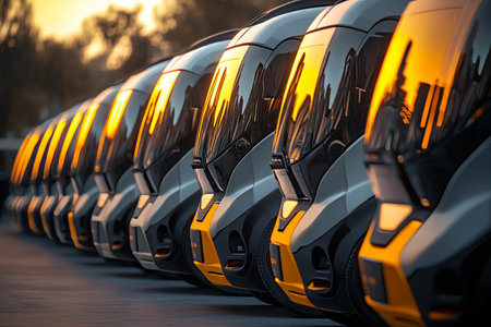 Sunset lineup of modern light gray and yellow minivans for student training camp tripsの写真素材
